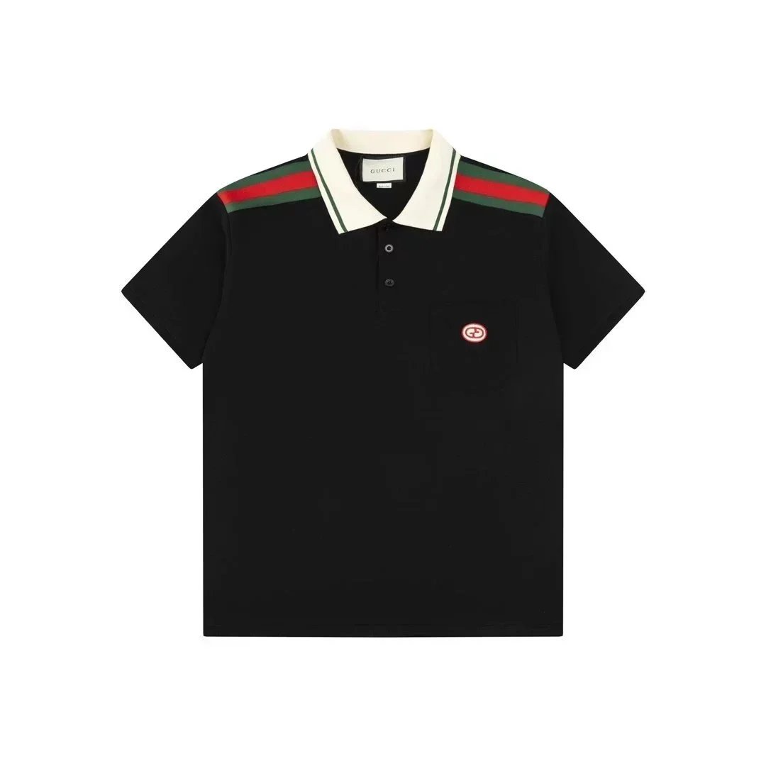 Gucci Shirts Short-Sleeve Polo Shirt — Black base with red and green shoulders 002