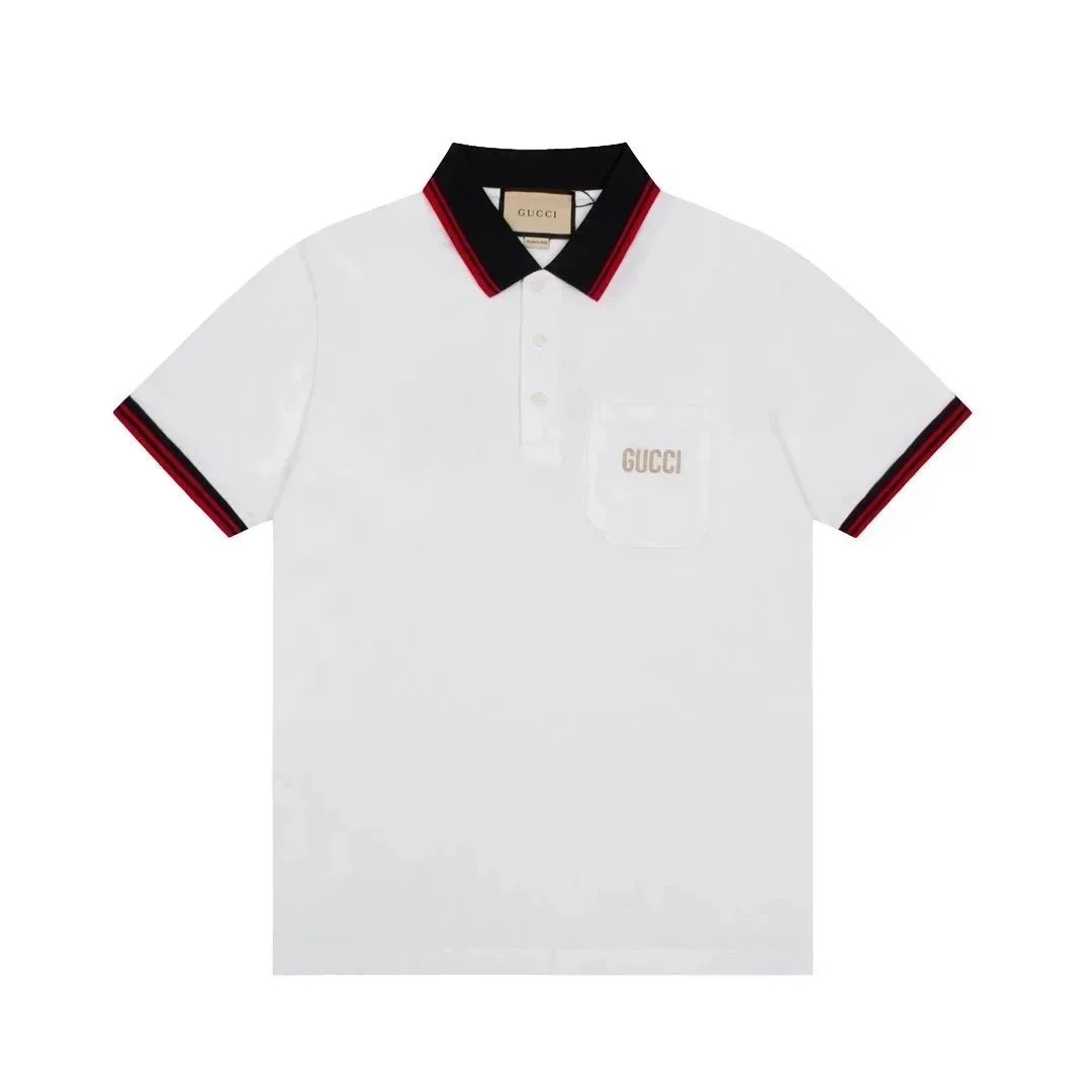 Gucci Shirts Short-Sleeve Polo Shirt — White base with red and black collar, large lettering “002”