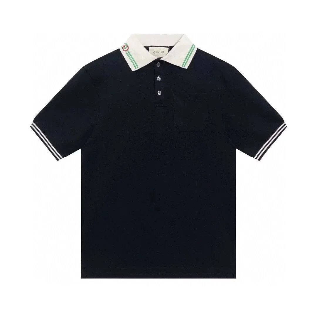 Gucci Shirts Short-Sleeve Polo Shirt — Black base with green collar 002