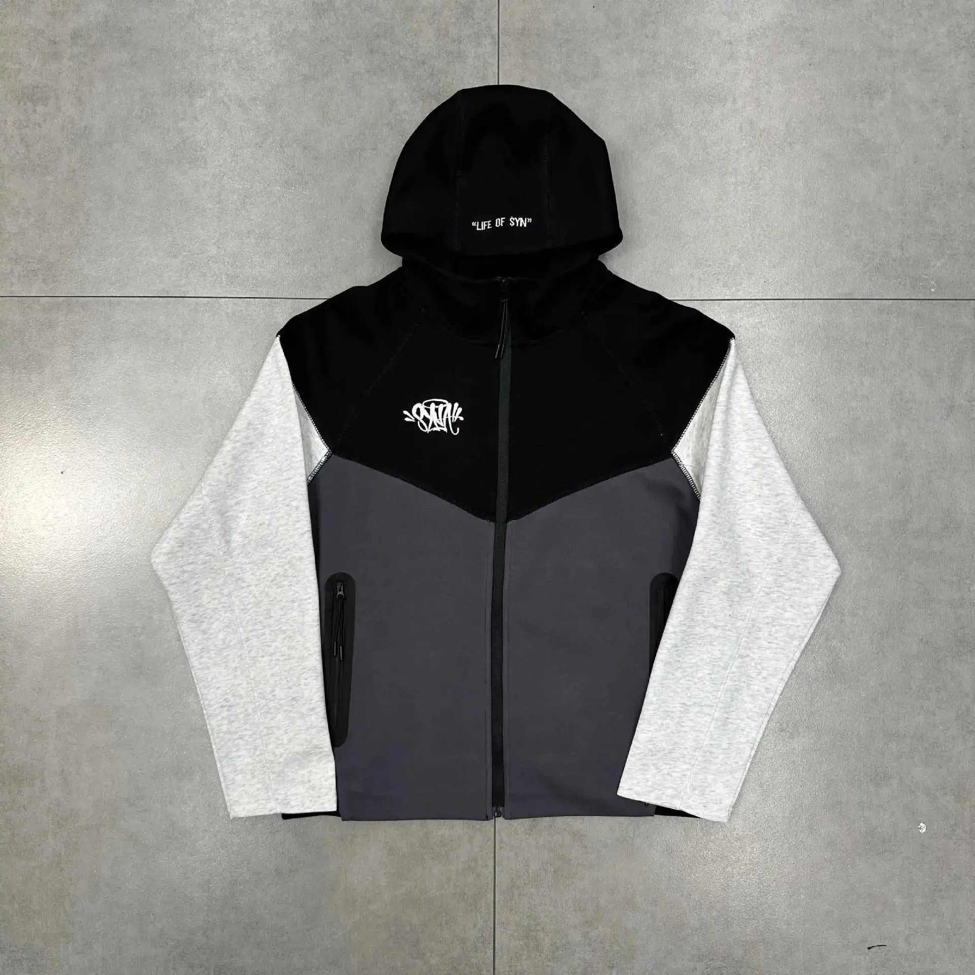 Life of Syn Jackets Hooded Zip-Front Colorblock Jacket — Black [coat】*Top quality
