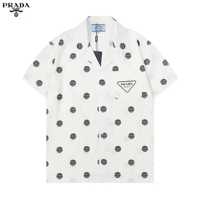 Prada T-Shirts Short-Sleeve Logo Print — 29 white polka-dot shirt *Top quality