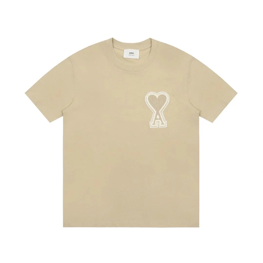 AMI T-Shirts Crewneck T-Shirt with de Coeur Heart Logo — 36 Light Coffee