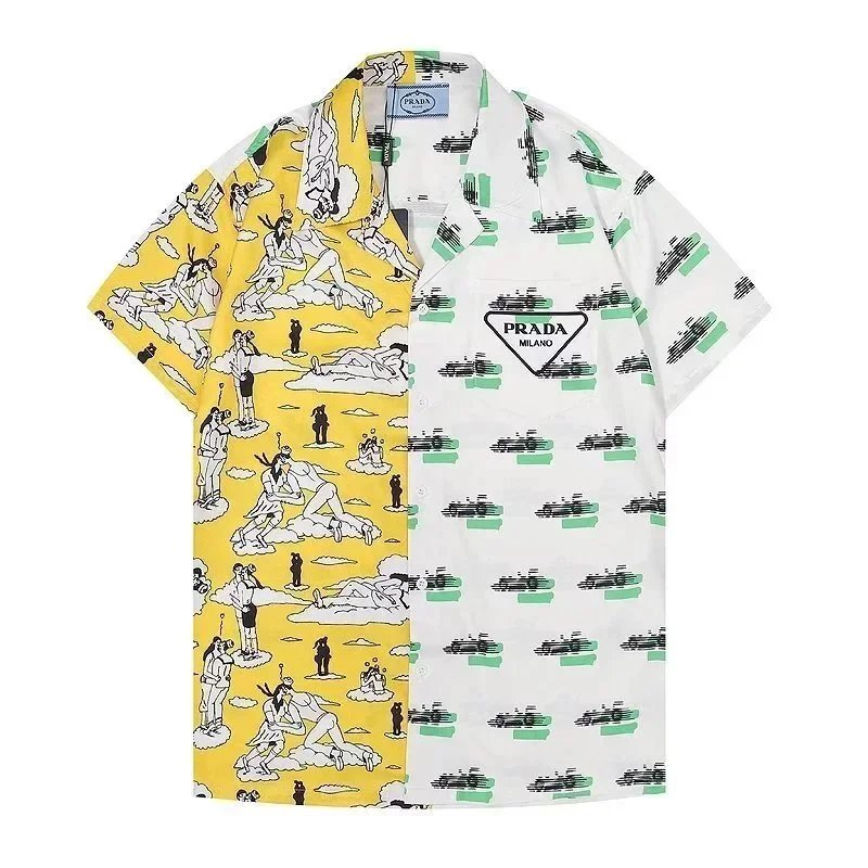 Prada T-Shirts Short-Sleeve Logo Print — 21 white and yellow shirts *Top quality