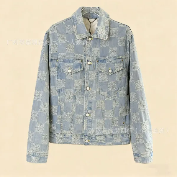 Denim Jacket with Checkerboard Patchwork Pattern Light Blue Denim-Jacket - 1