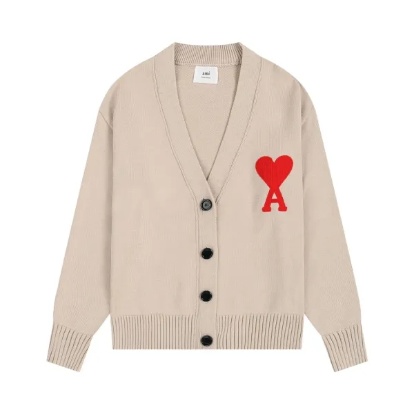 Ami Paris Heart Logo Cardigan Beige Sweater - 1