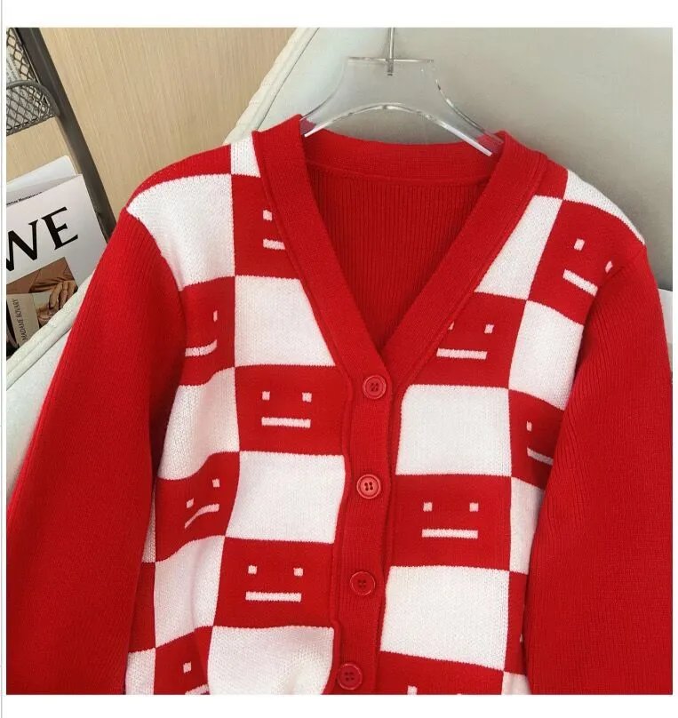 All Sisters Checkerboard Smiley Face Cardigan Red - 5