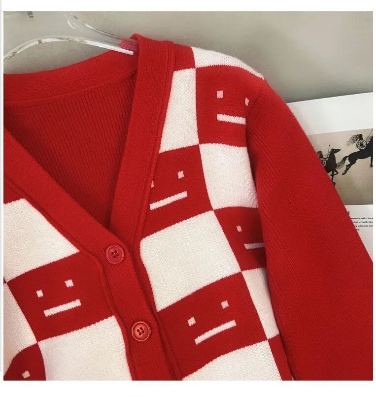 All Sisters Checkerboard Smiley Face Cardigan Red - 6