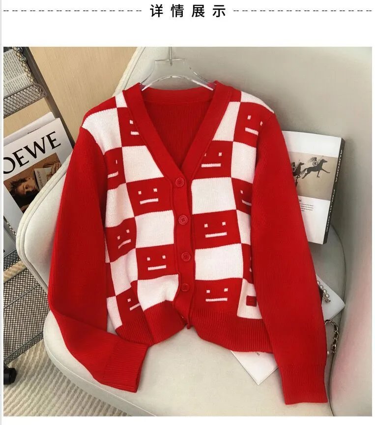 All Sisters Checkerboard Smiley Face Cardigan Red - 4