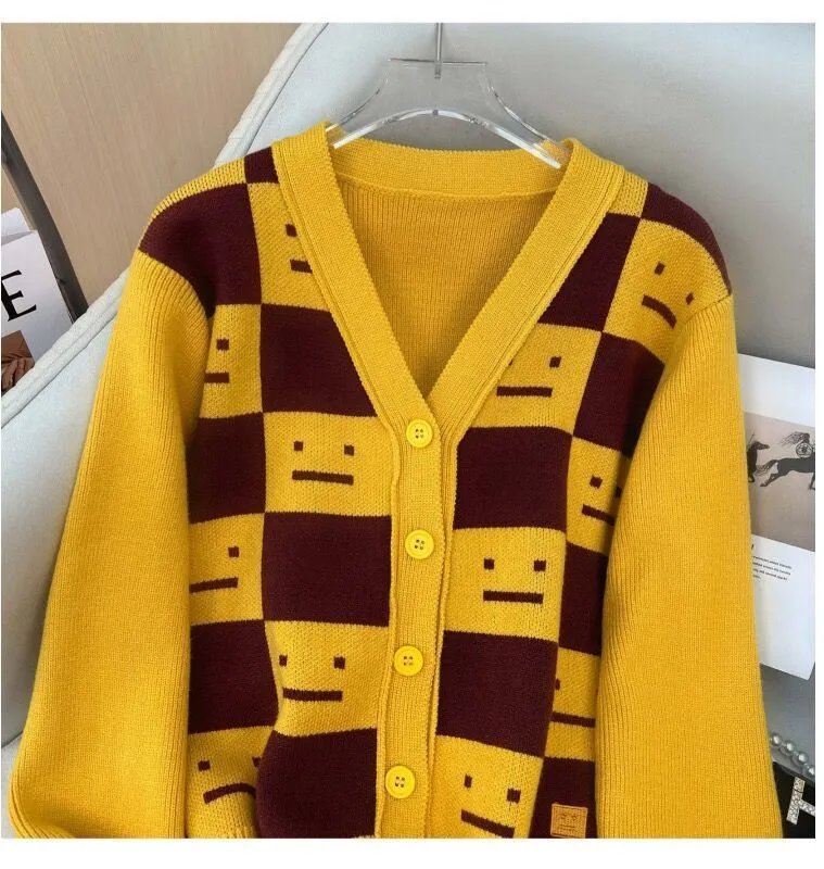 All Sisters Checkerboard Smiley Face Cardigan Red - 17