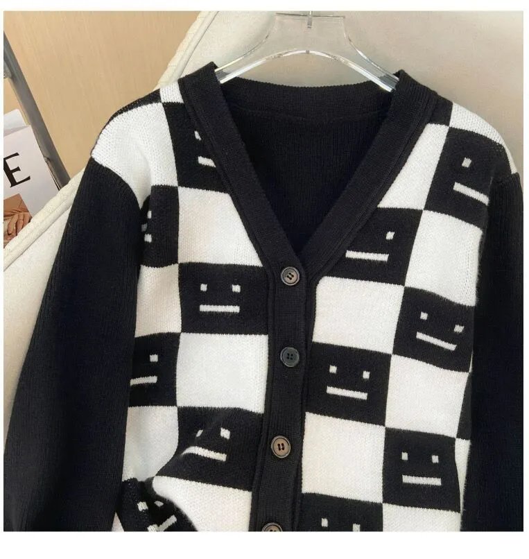 All Sisters Checkerboard Smiley Face Cardigan Red - 11