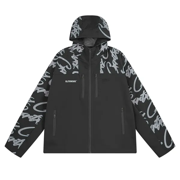Elitework Graffiti Print Hooded Windbreaker Black - 1