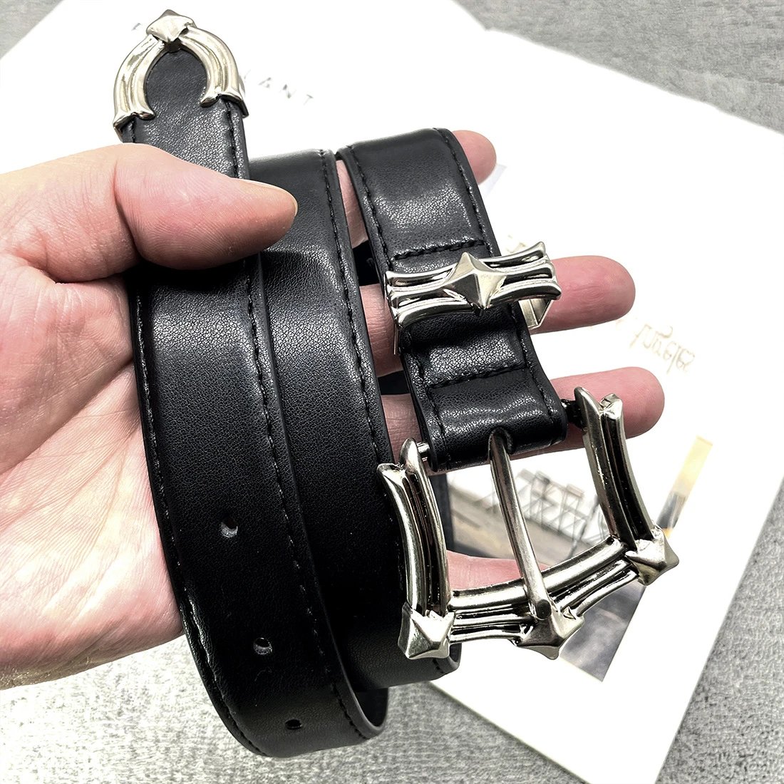 Black Leather Belt with Silver Buckle