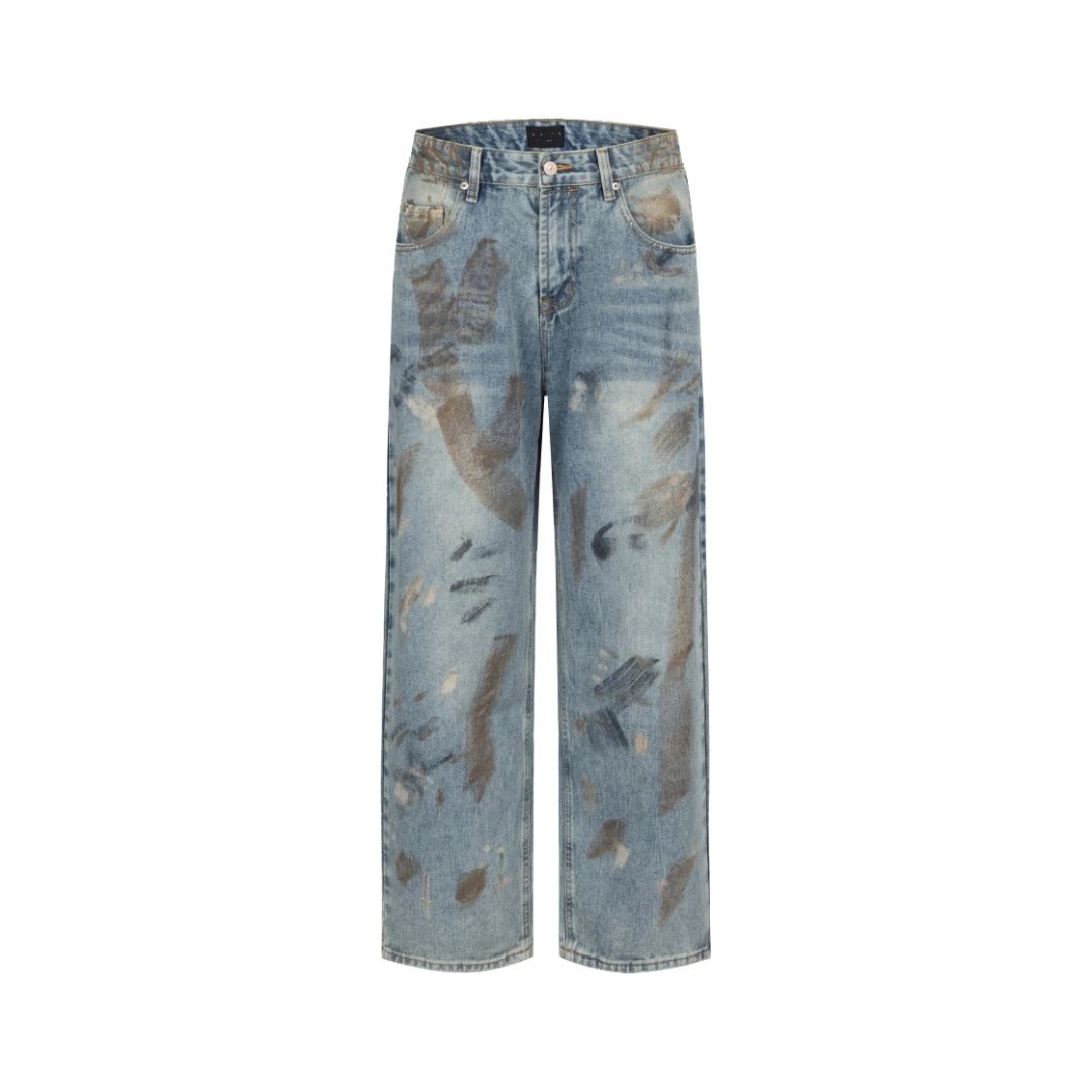 B家秋冬新款字母皮牌复古定染牛仔裤