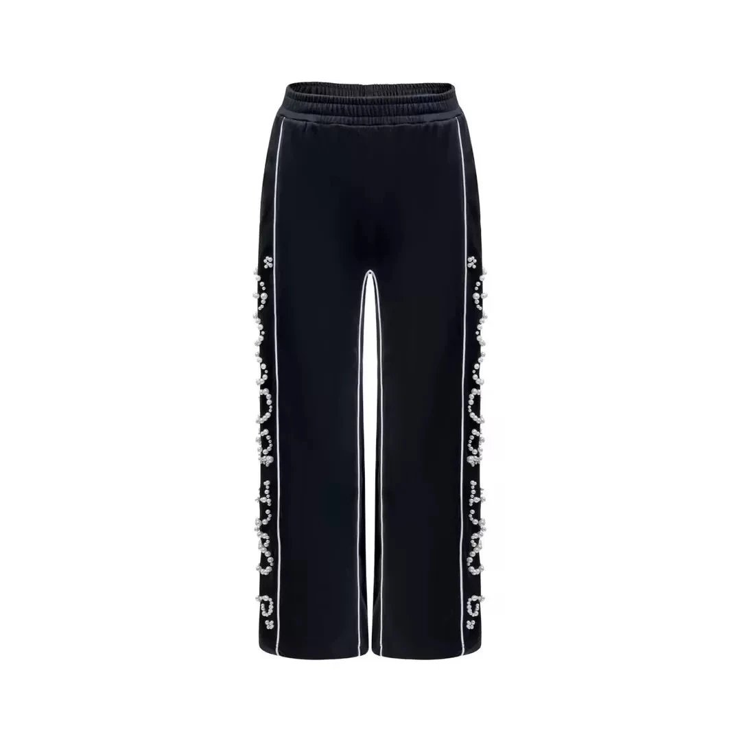 Black Pearl Embellished Wide-Leg Pants