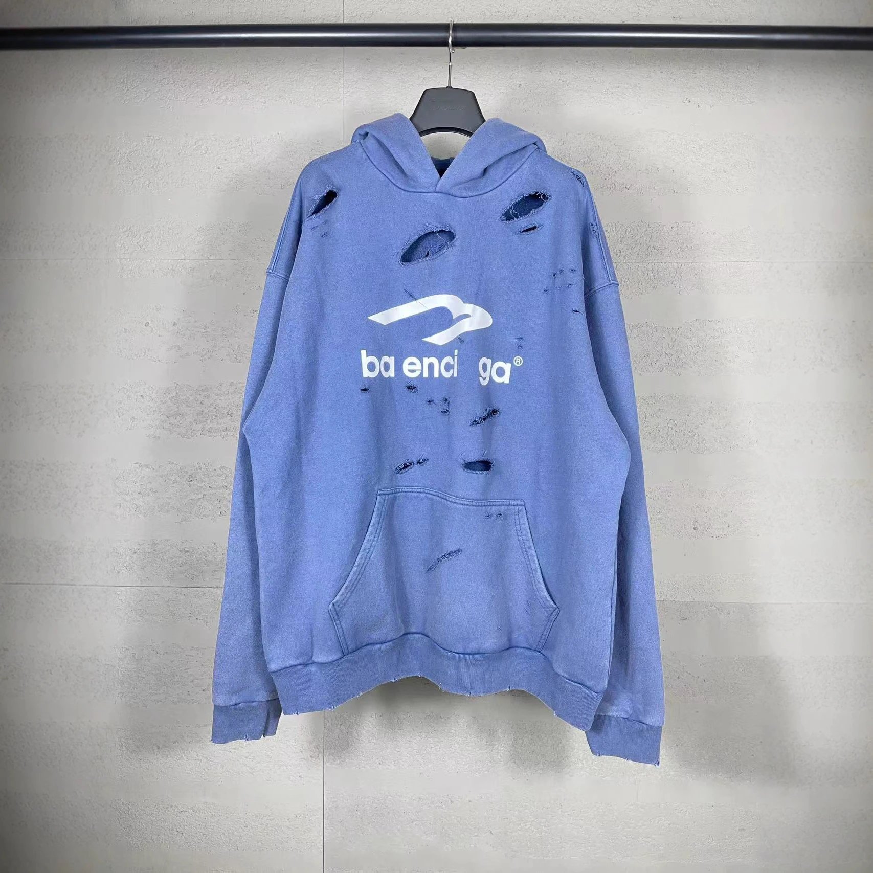 B家早秋新款3M经典LOGO胸前印花洗水磨烂连帽卫衣