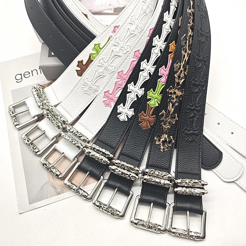 Cross Embossed Leather Belts with Silver Buckles