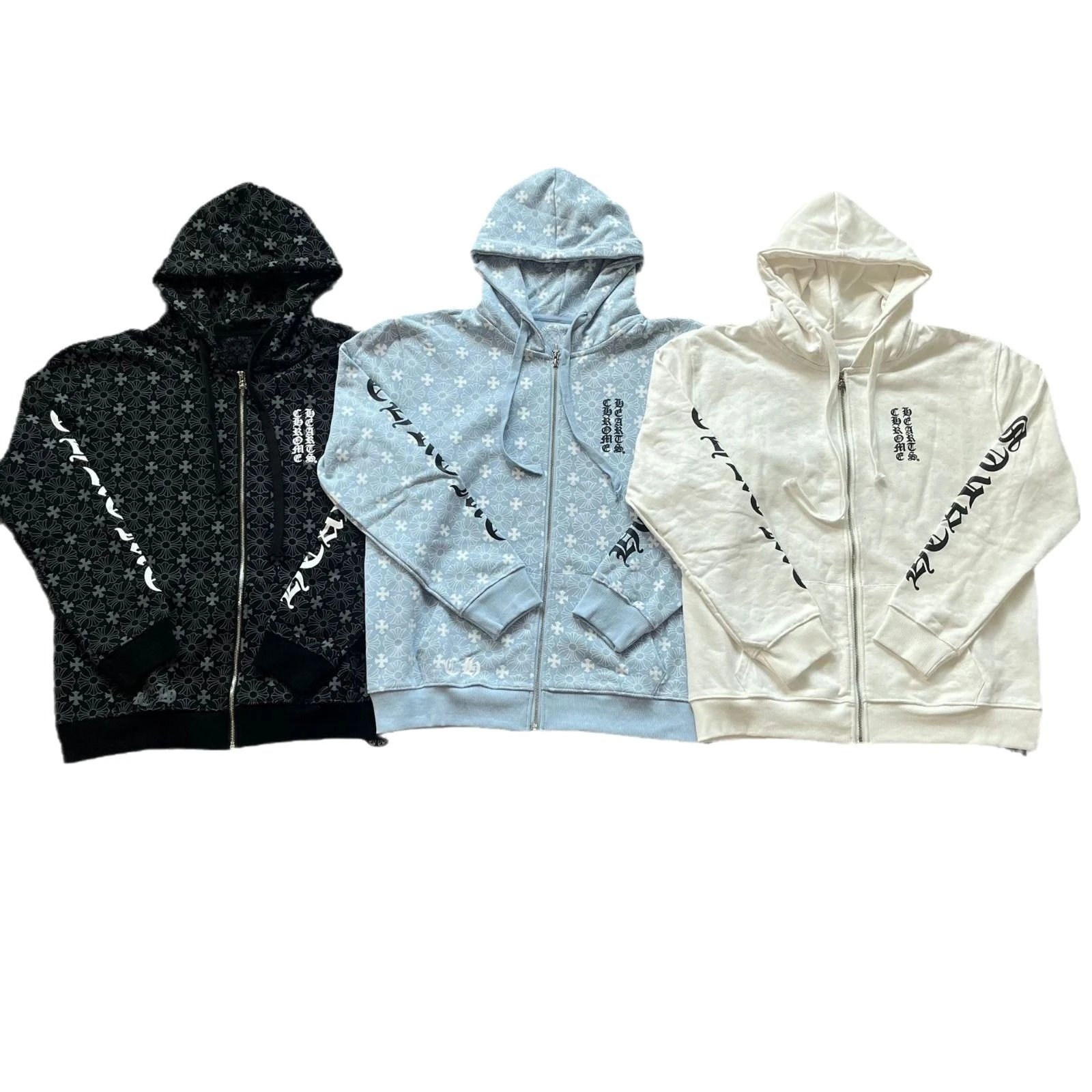 Chrome Hearts Floral Print Zip-Up Hoodie in Black, Light Blue, and Off-White - 5