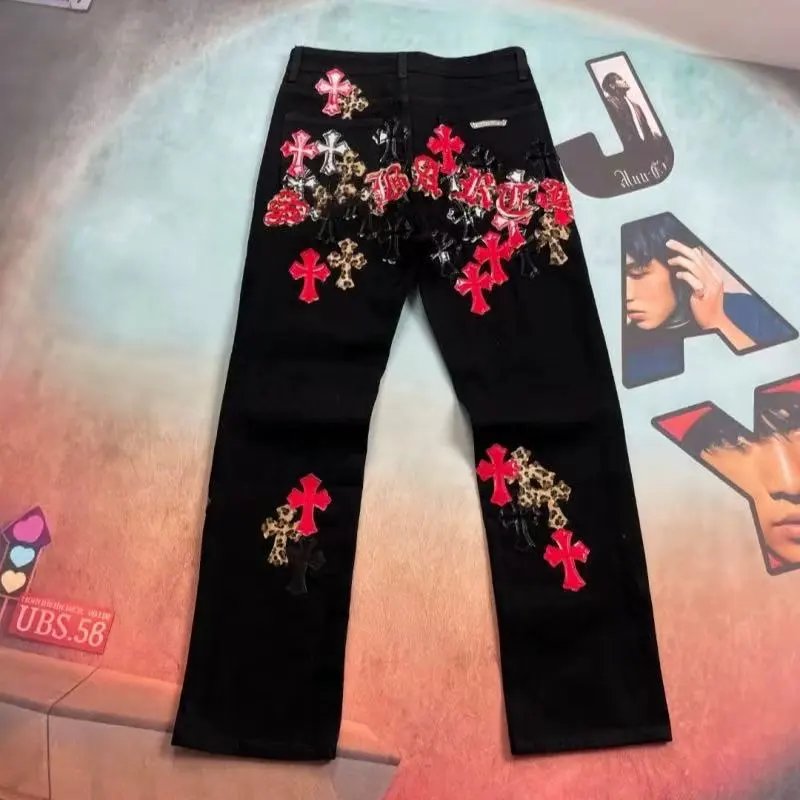 CH Hot Street Brand Limited Edition Flame Cross Embroidered Straight-Leg Washed Jeans, Celebrity Style