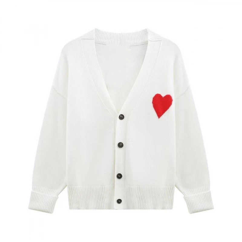 White with a red heart【A 05 Jacquard cardigan】 SKU image