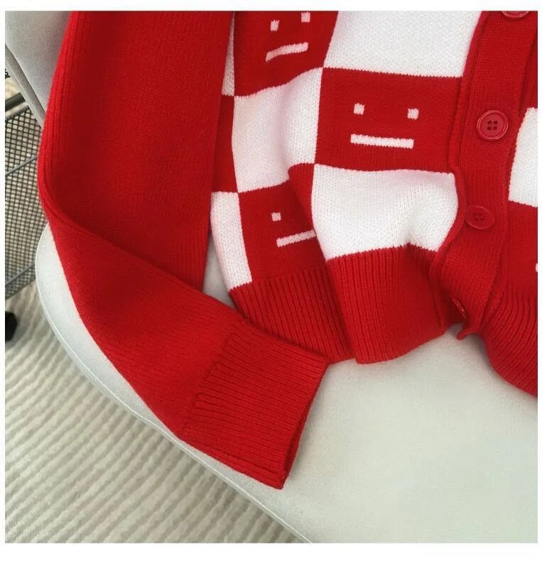 All Sisters Checkerboard Smiley Face Cardigan Red - 7