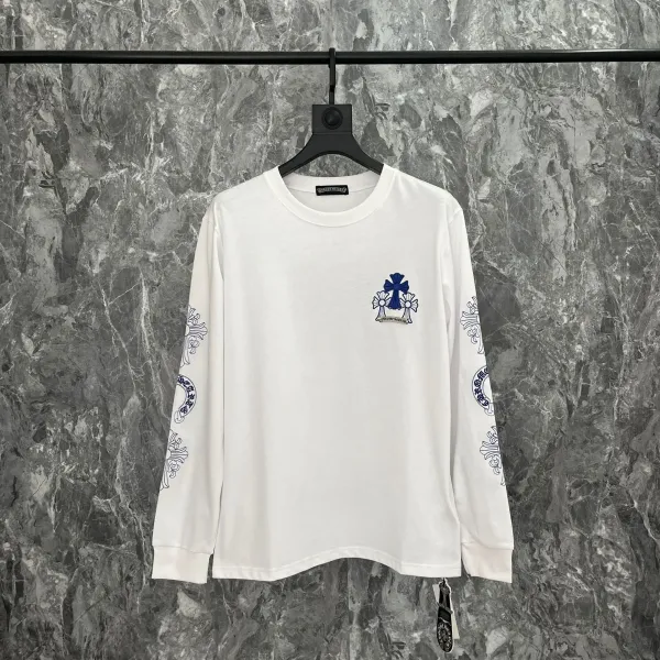 Chrome Hearts Long Sleeve T-Shirt White with Blue Cross and Scroll Print - 1