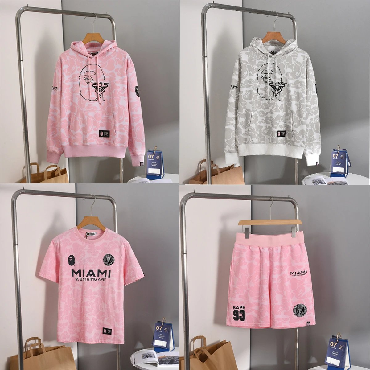 BAPE Pink Camo Hoodie and Shorts Set, MIAMI T-Shirt Combo