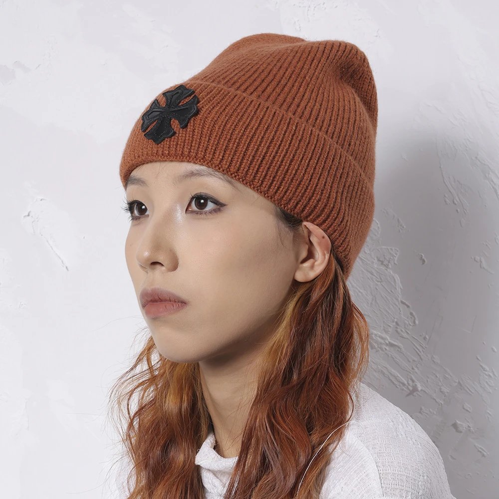 Brown Knit Beanie with Black Cross Patch