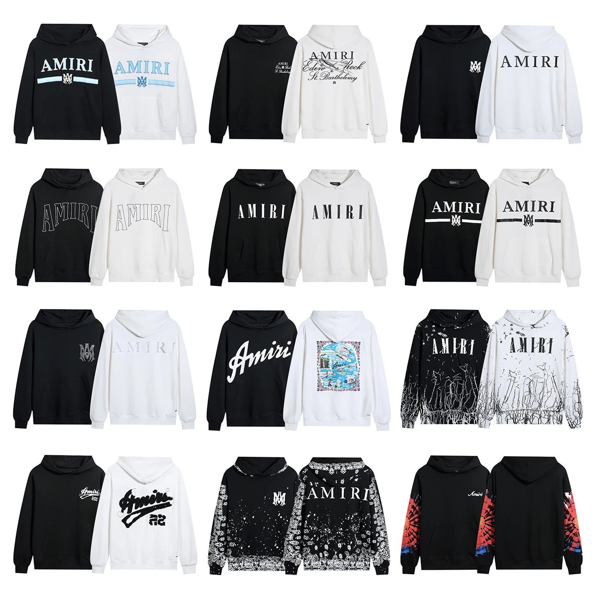 Amiri Black and White Hoodies with Various Logo Designs