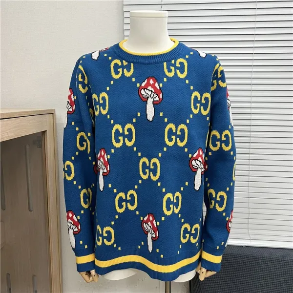 Gucci Mushroom Print GG Knit Sweater Navy Blue - 1