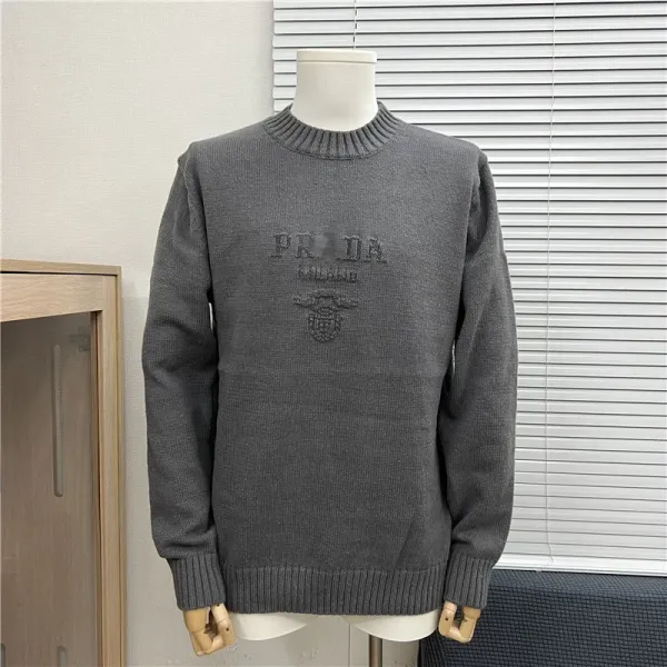 Prada Logo-Embroidered Ribbed Knit Sweater Gray - 1
