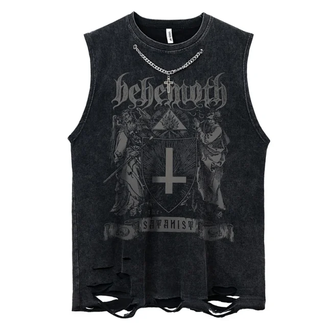 Unbranded T-Shirts Washed distressed sleeveless graphic T-shirt product detail image 1