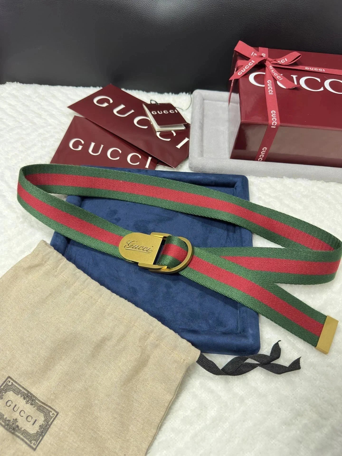 Gucci Web Stripe Belt Gold-Tone Buckle Green Red Canvas Belt