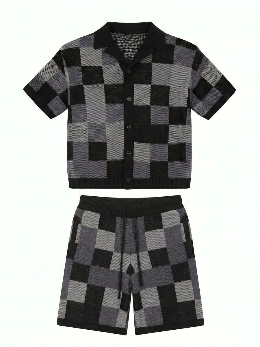 Cross border Amazon Europe and America men's knitted button short sleeved shirt jacquard checkerboard short sleeved shorts two-piece set summer