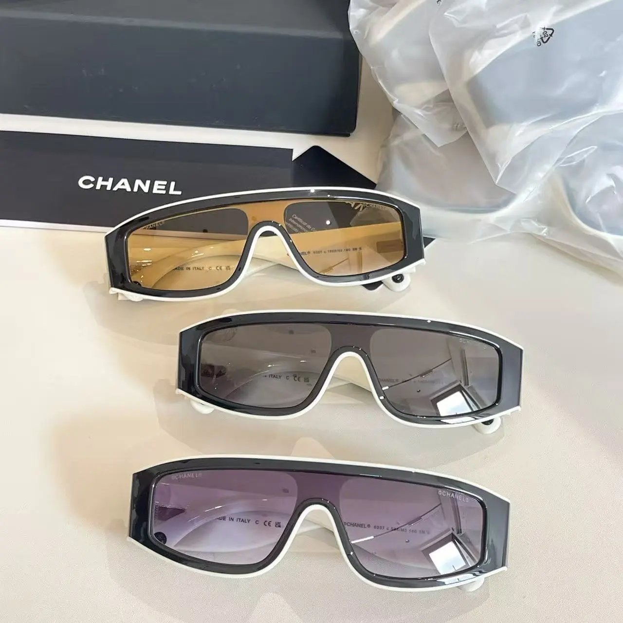 Chanel Oversized Shield Sunglasses with Contrast Frame and CC Logo