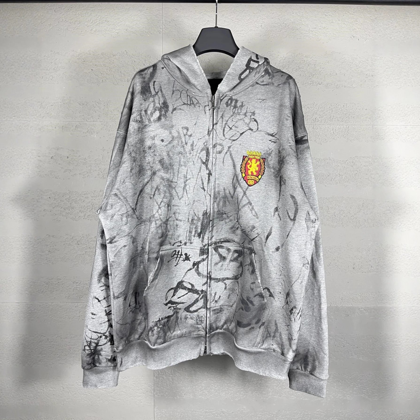 High quality washed and worn graffiti zipper hoodie