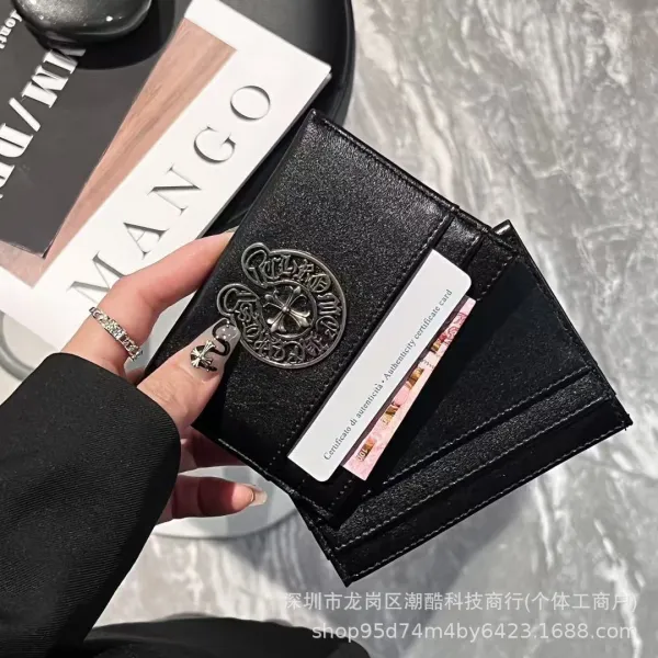 Design Card Holder Black Leather Wallet with Metal Clasp - 8