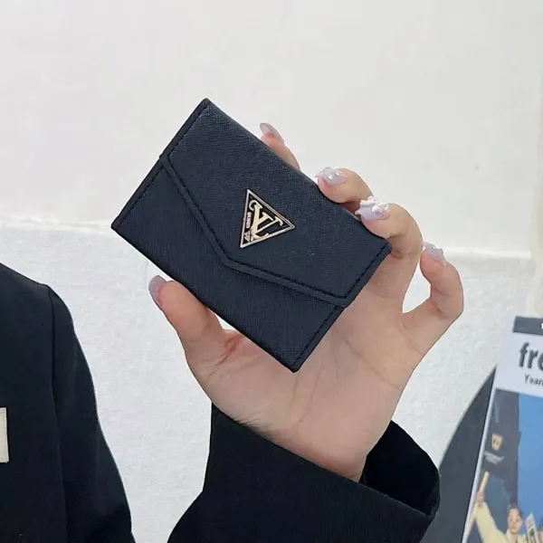 Prada Triangle Logo Saffiano Leather Card Holder Black Wallet - 1
