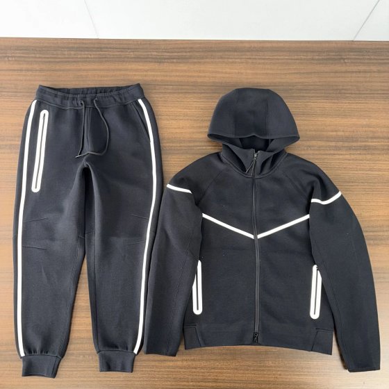 2025 New Sporty Hooded Jacket Sweatshirt Air Layer Cotton Zip-Up Jacket Autumn Reflective Heat-Sealed Tape Jacket Set