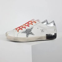 18-Silver glitter star, silver-tail orange shoelaces, lettered dirty shoes