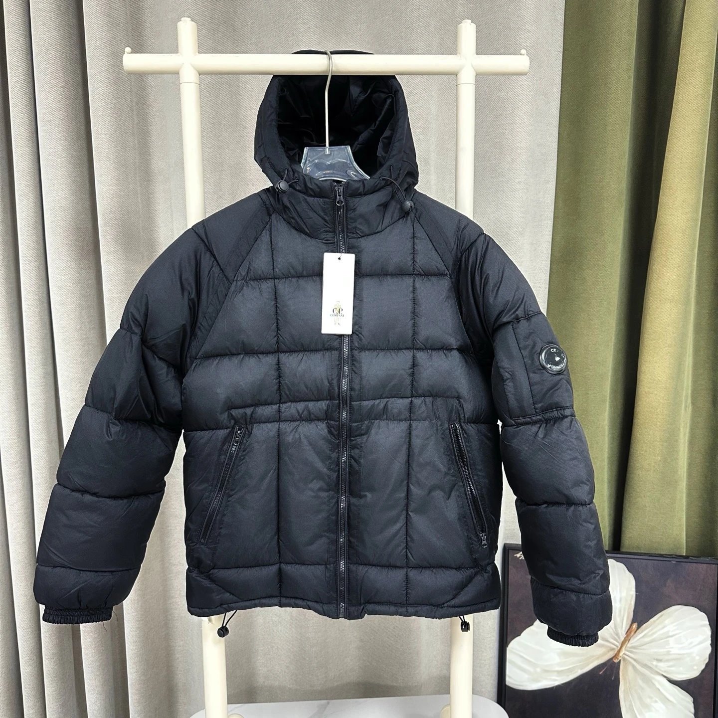 C.P. Company Vests Hooded Goggle Puffer Vest — Black cotton-padded coat