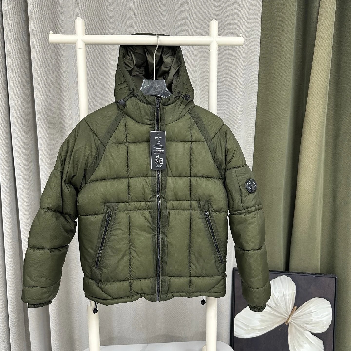 C.P. Company Vests Hooded Goggle Puffer Vest — Green cotton-padded jacket