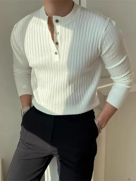 Ribbed Henley Knit Sweater White - 1