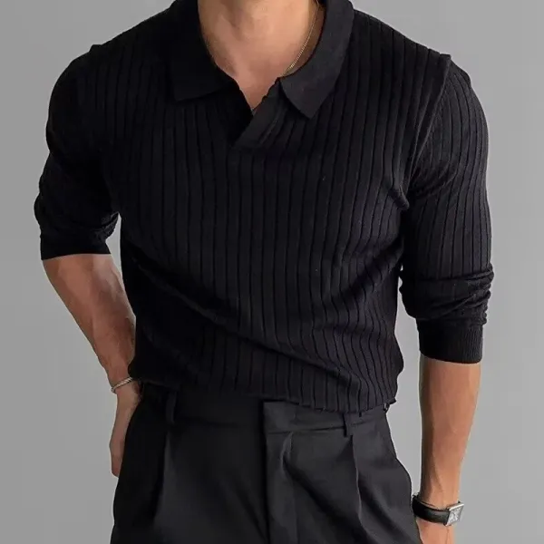 Ribbed Knit Polo Shirt Black - 1