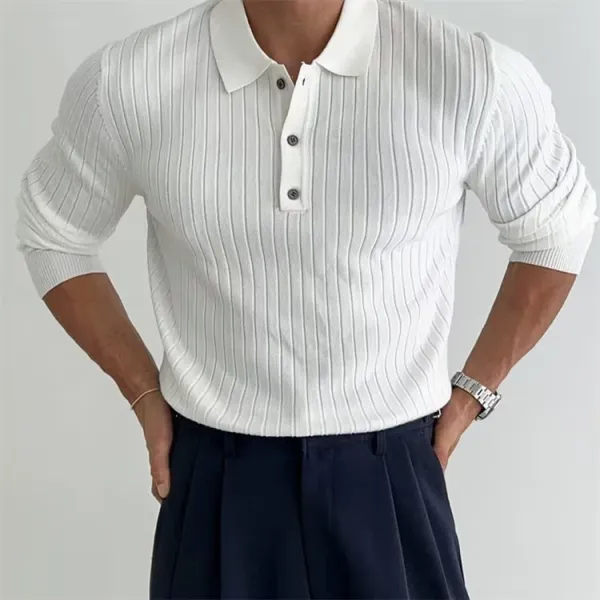 Ribbed Knit Polo Shirt White - 1