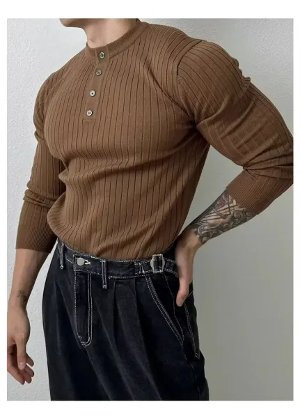 Ribbed Henley Sweater in Brown with Contrast Stitching Pants - 1