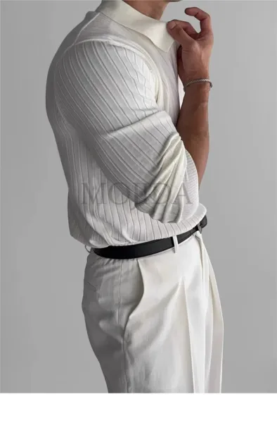 Ribbed Henley Knit Sweater White - 7