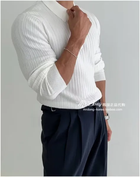 Ribbed Henley Knit Sweater White - 28