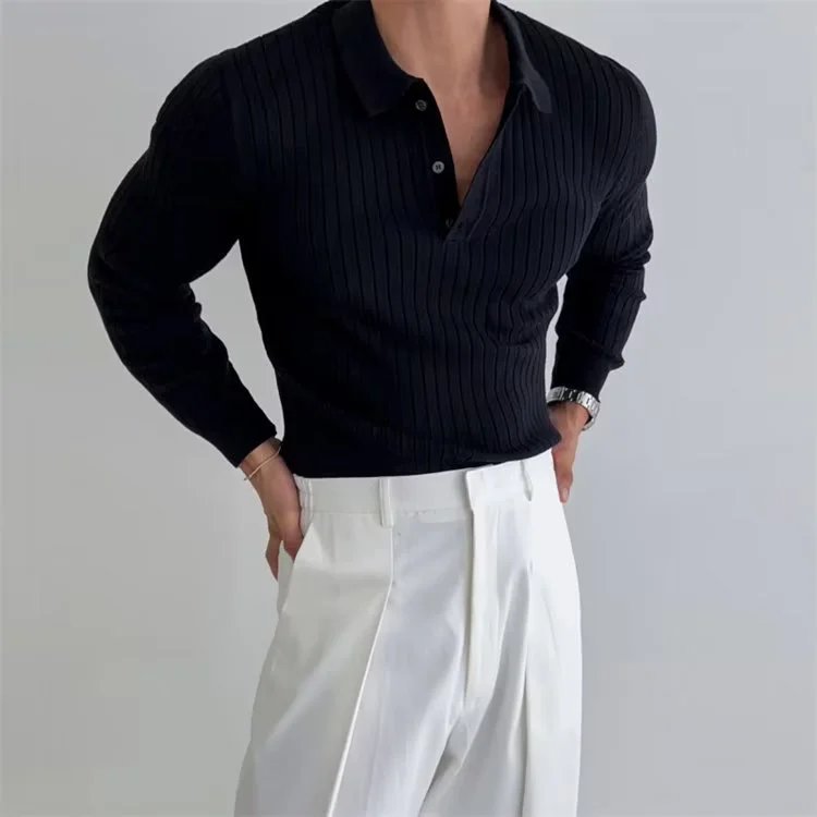 Ribbed Knit Polo Shirt in Black with White Trousers - 1