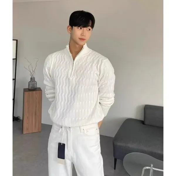 White Quilted Half-Zip Knit Sweater - 1