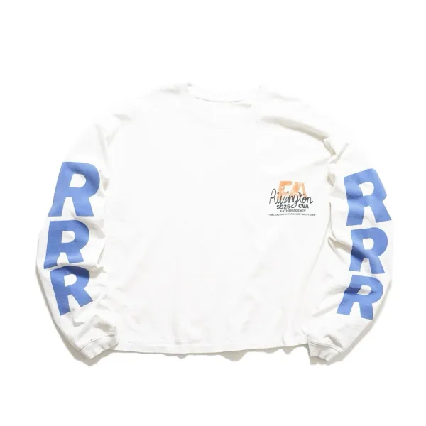 Rivington SS25 CVA Long Sleeve T-Shirt White with Blue Sleeve Print - 1